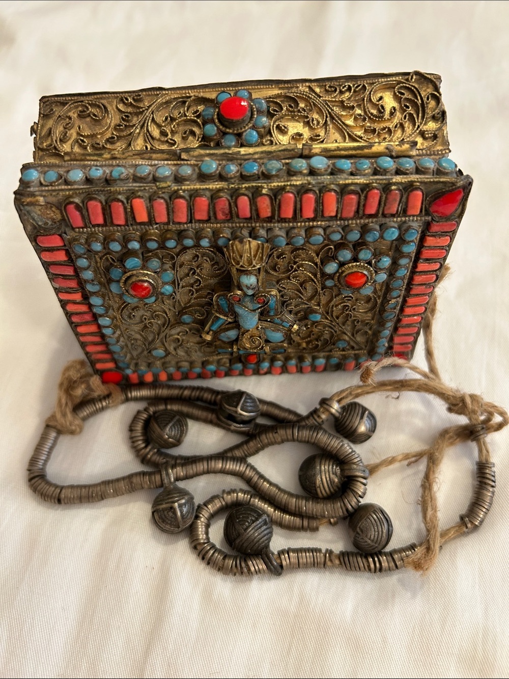 Copper Prayer Box with Turquoise and Coral Red Accents - Prayer Bells